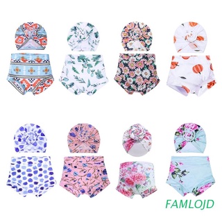 FAMLOJD 2 Pcs Baby Summer Print Shorts Turban Hat Set Short Pants Head Wrap Knotted Cap Beanie Kit for Newborn Infants