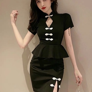 Korean Style Retro Improved Cheongsam Dress Elegant Slim-Fit Short Sleeve Split Sexy Sheath Dress Fake Two-Piece Dress for Women (1)