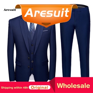 [Aresuit] Pockets Formal Suit Solid Color Straight Pants Suit Separates Two Buttons for Wedding