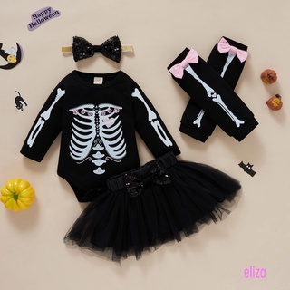 gd-baby girls halloween esqueleto y arco nudo impreso patrón mameluco + falda