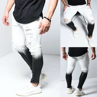Men Ripped Gradient Skinny Jeans Frayed Destroyed Trousers Slim Breathable Denim Pants