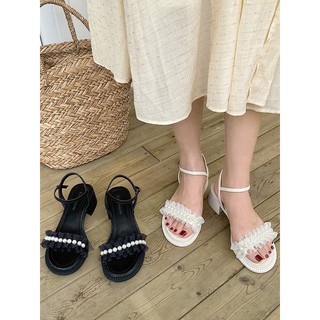 Sandalias de moda mujer verano 2021 nuevo estilo de hadas salvaje perla malla tacón grueso retro palabra hebilla romana zapatos