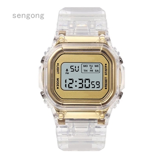 Sengong transparente pequeño cuadrado electrónico reloj para hombres y mujeres estudiantes de moda hombres mujeres relojes de oro Casual transparente Digital reloj deportivo amante reloj de los niños niño reloj de pulsera