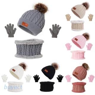buyect 3 piezas de invierno cálido bebé color sólido sombrero guantes bufanda conjunto de bola de piel gorro gorra manopla bufandas kit para niños niñas niños de punto sombrero de dobladillo (1)