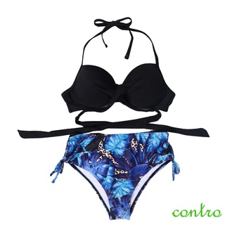 ✤Yw♂2 piezas traje de baño, mujer de Color sólido Bikini Tops+estampado Floral Bikini bragas, negro, S/M/L