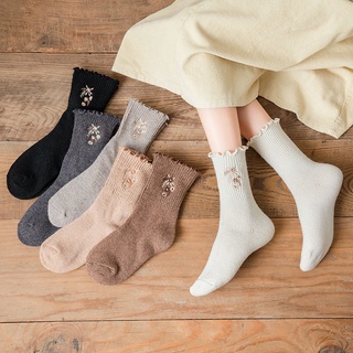 dulce encaje bordado medio tubo calcetines mujeres retro otoño e invierno gruesa rizo medias pila medias (1)