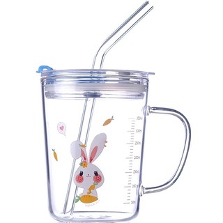 Vaso con paja borosilicato vidrio resistente al calor taza de leche para niños con escala de leche potable desayuno taza de vidrio leche en polvo horno de microondas calefacción