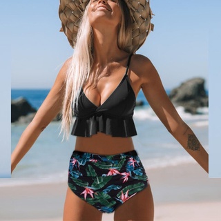 Sexy dos piezas trajes de baño de las mujeres volantes de cintura alta Halter impresión Bikini ropa de playa traje de baño