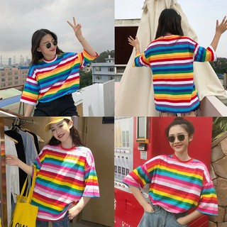 INS Hot Sale【Ready Stock】Rainbow Color Women Causal Loose TShirt Tops