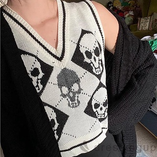 Dre-mujer gótico esqueleto y Argyle estampado patrón V-cuello sin mangas Tops, S/ M/ L/ XL