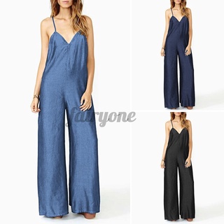 FAIRY Women Casual Loose Solid Sexy Wide Leg Sleeveless Long Jumpsuits