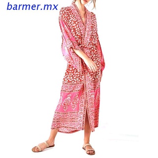 BAR1 Mujer Primavera Vacaciones Gasa Kimono Cardigan Bohemio Retro Rojo Paisley Floral Impreso Traje De Baño Cubrir Suelto Mediados De La Pantorrilla Maxi Longitud Vestido De Playa (1)