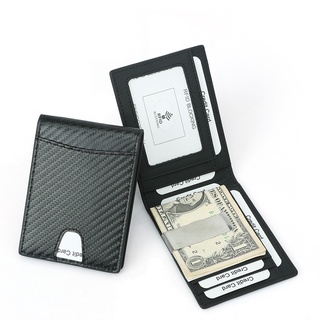 Blocking Slim Carbon Fiber Leather Wallet With Clip ID Card Holder Pocket Bifold Male Metal Clamp Wallet