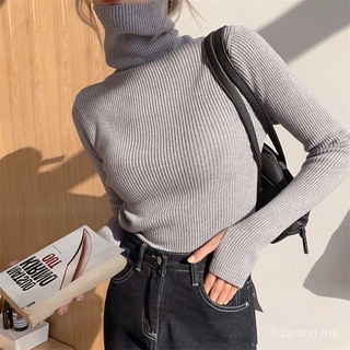 otoño e invierno interior desgaste apretado fondo suéter de las mujeres slim-fit pila cuello superior jersey estilo occidental dedo manga suéter txx5