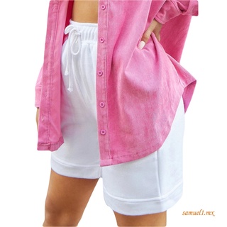 pantalones cortos casuales de verano para mujer, color sólido, con cordón de cintura alta, pantalones cortos (9)