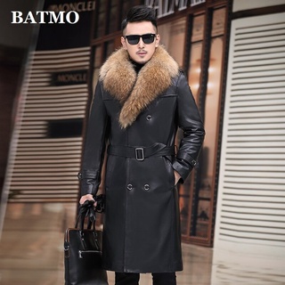 BATMO-gabardina gruesa de cuero de vaca natural para hombre, abrigo de piel auténtica con cuello de piel de mapache, alta calidad, invierno, 2020