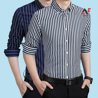 Am Fashion Men Plus Size Striped Buttons Turn Down Collar Long Sleeve Shirt Top