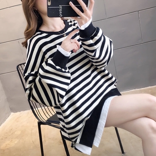 Otoño de las mujeres blusa de rayas señoras coreanas sueltas media longitud cuello redondo más el tamaño de terciopelo engrosamiento suéter