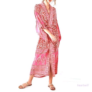 Escuchar Mujer Primavera Vacaciones Gasa Kimono Cardigan Bohemio Retro Rojo Paisley Floral Impreso Traje De Baño Cubrir Suelto Mediados De La Pantorrilla Maxi Longitud Vestido De Playa