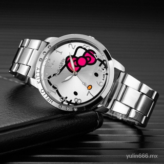 YL🔥Stock listo🔥Reloj de pulsera de acero inoxidable de Hello Kitty para niña de dibujos animados