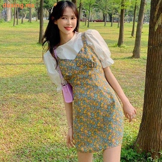 Hepburn style French retro two-piece female 2021 new gentle and age-reducing cover belly lightly cooked floral sling dress