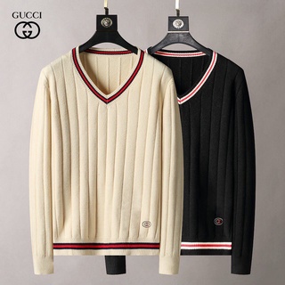 GUCCI fashion men women couples autumn winter V-neck Sweater knitwear men high quality street-style casual black apricot College style Sweater (1)