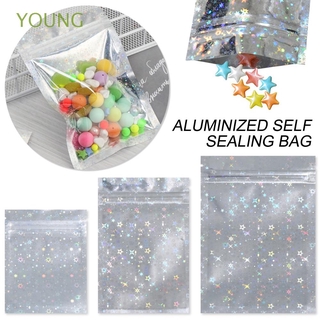 YOUNG 20pcs Stand Up bolsa de plástico estrella láser cremallera bolsas reclosables alimentos Mylar bolsa de papel de aluminio holograma cremallera cerradura 3 tamaños olor a prueba de agua bolsas de almacenamiento (1)