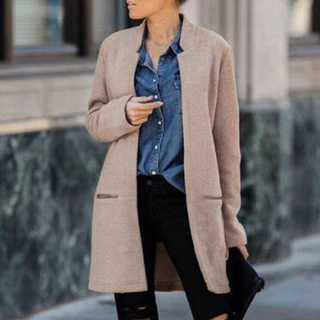Women Fashion Long Coat Woolen Cloth Pocket Cardigan Long Sleeves Coat