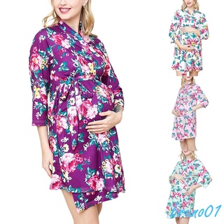 ✩Tq✮Traje de maternidad, impresión de flores cuello en V codo manga túnica con cinturón de cintura+manta de envolver+ diadema para embarazadas
