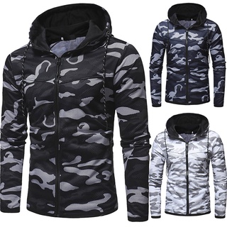 Men's Casual Camouflage Sports Sweatshirt Long Sleeve Zipper Hooded Jacket Coat