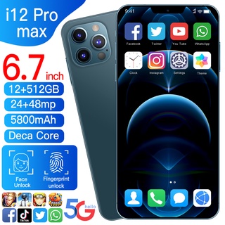 Listo Stock Teléfono Móvil i12 Pro max Android 11.0 12GB + 512GB 6.7 Pulgadas Smartphone