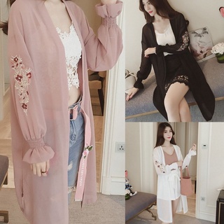 Women Kimono Chiffon Cardigan Floral Embroidery Flare Sleeve Summer Spring Long Cardigans (1)