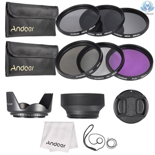 [enew] Andoer Kit de filtro de lente de 49 mm UV+CPL+FLD+ND (ND2 ND4 ND8) con bolsa de transporte, tapa de lente, soporte para tapa de lente, tulipán y capucha de lente de goma, paño de limpieza