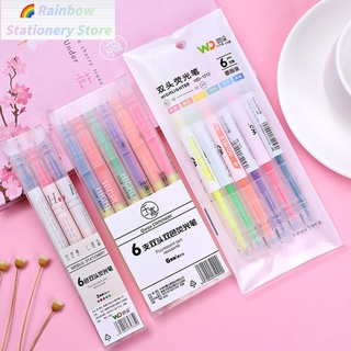 Rainbow 6 colores resaltador bolígrafo lindo doble punta marcador suministros escolares