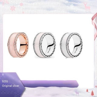 Anillo puro de plata 925 Pandora esmalte brillante blanco rosa anillo