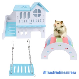 [Attractivefineaurora] CNSJ 3 Pcs Lovely Hamster Play Toys, Wooden Hamster House & Rainbow Bridge & Swing, Small Animal Hideout Hamster House with Funny Climbing Ladder Exercise Toys Two Layers Hut for Small Pets (1)