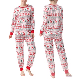 Xzq7-navidad familia coincidencia pijamas, impresión alce de manga larga cuello redondo Tops con pantalones (4)