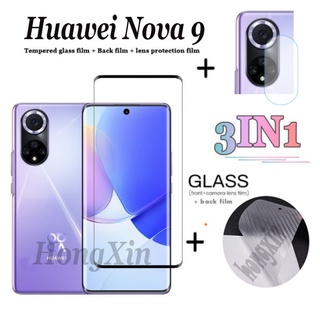 (3in1) Para Huawei Nova 9 5T 8 8i 7 SE 7i Pro P50 P40 P30 Película Protectora De Vidrio Templado + Lente De Cámara + Trasera De Fibra De Carbono
