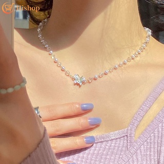 Coreano elegante perla cristal mariposa collar Simple brillante gargantilla para las mujeres joyería accesorios de moda