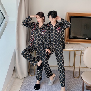 Primavera y otoño nueva imitación de seda pijamas de las mujeres de manga larga delgada hielo de seda traje de moda casual marea de la marca parejas servicio en casa hombres (1)