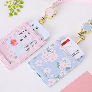 qwe Cute Flowers PU Leather Bus ID Credit Card Holder Case Portable Badge Retractable Neck Strap Lanyard for Office Work