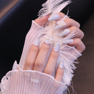 24pcs Silver Gray Wear Long Paragraph Fashion Manicure Patch False Nails Save Time Wearable Nail Patch