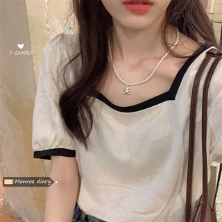 francés color contraste cuello cuadrado manga corta suelta camiseta mujer diseño sentido nicho 2021 verano nueva clavícula top
