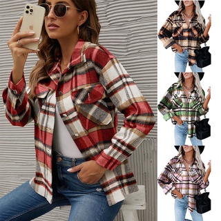 La ropa de las mujeres2021Otoño e Invierno nuevo Amazon Plaid camisa de lana franela Breasted Coat (1)