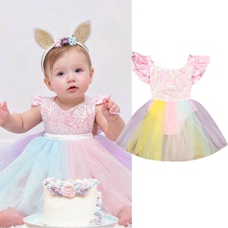 YL🔥Stock listo🔥Bebé unicornio princesa vestido niña arco iris lentejuelas malla Wendding vestidos tutú fiesta disfraz