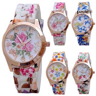 [pm] Reloj de pulsera de cuarzo con estampado de flores con correa de silicona con números árabes para mujer