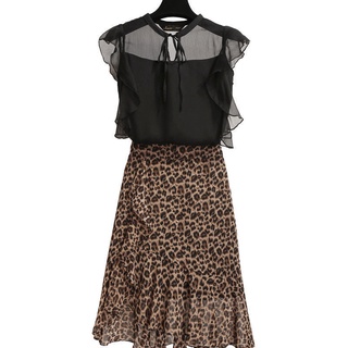 Plus size women's 100kg fat sister summer suit female retro black blouse leopard print bust skirt two-piece suit (4)