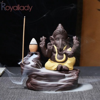 Teahouse decoración Ganesha Backflow quemador de incienso elefante dios emblema auspicioso y éxito cerámica cono incensario decoración del hogar incienso palo titular