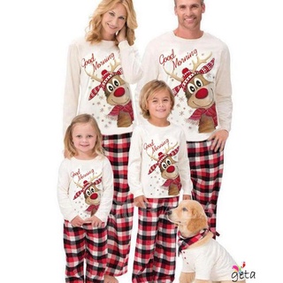 Ljw-ropa de dormir de navidad padre-hijo, manga larga cuello redondo alce impresión Tops blanco rojo cuadros pantalones