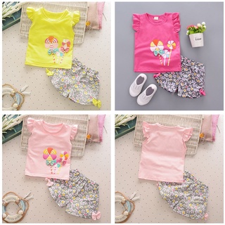 Conjunto de ropa de bebé niñas verano mosca manga piruleta princesa camisa+flor pantalones cortos baju